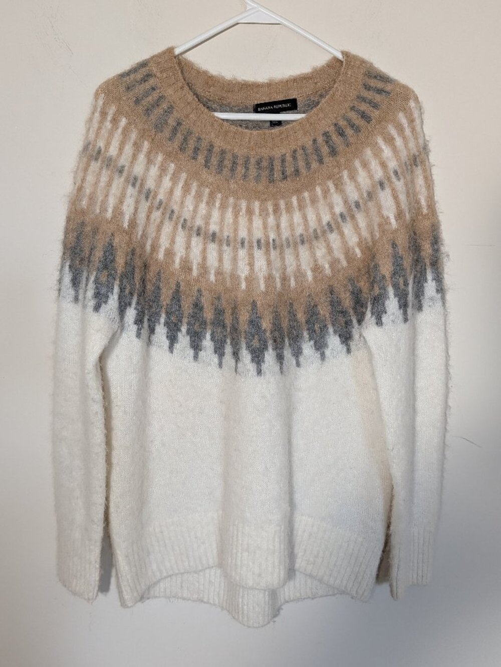 Banana Republic Fair Isle Alpaca Wool Raglan Sleeves Sweater Sz S Cream Brown